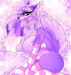 anthro bedroom_eyes big_breasts blush breasts cheek_tuft clothing ears_back eyelashes eyeshadow facial_tuft female fluffy fluffy_ears fluffy_tail footwear fur fur_markings gradient_background hair holding_tail inner_ear_fluff leggings legwear long_hair makeup markings narrowed_eyes neck_tuft pivoted_ears pose purple_body purple_eyes purple_hair purple_skin seductive sexy_eyes simple_background socks solo sparkles tail thick_thighs tuft tufted_ears tufted_fur james_andromeda canid canine fox mammal absurd_res digital_media_(artwork) digital_painting_(artwork) hi_res painting_(artwork) pinup purple_theme