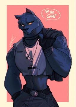 anthro belt bracelet clothing dialogue ear_piercing female fur gloves hand_in_pocket handwear jewelry looking_away melanistic midriff muscular muscular_female necklace piercing pockets solo speech_bubble whiskers fabarts goat_(movie) sony_corporation sony_pictures jett_fillmore felid leopard mammal pantherine 2026 absurd_res hi_res signature