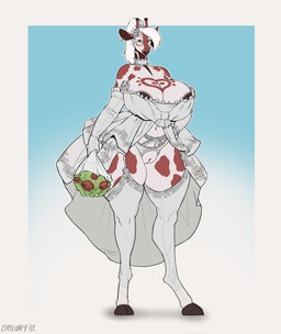 anthro areola biped breasts cleavage clothed clothing dress ear_piercing female genitals gradient_background hair hooves legwear looking_at_viewer piercing simple_background skimpy solo standing thigh_highs vulva wedding_dress white_hair casloafy kyria_(eternallyended) giraffe giraffid mammal 2024 dated hi_res signature