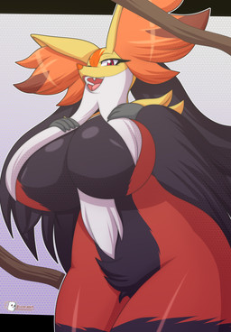 anthro big_breasts big_butt black_body black_fur breasts brown_body brown_fur butt crotch_tuft curvy_figure cute_fangs fangs featureless_breasts female female_anthro fur grey_body grey_fur half-closed_eyes huge_breasts huge_butt huge_thighs looking_at_viewer narrowed_eyes open_mouth orange_body orange_fur pupils red_body red_eyes red_fur red_nose smile solo teeth thick_thighs tuft voluptuous white_body white_fur yellow_body yellow_fur mrlucke nintendo pokemon generation_9_pokemon mega_delphox mega_evolution pokemon_(species) 2026 absurd_res hi_res