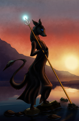 ambiguous_gender blue_eyes clothed clothing dark detailed_background glowing glowing_eyes lake mountain outside reflection robe solo staff standing sunset tail tail_tuft tuft water silvermarten unknown_species 2016 hi_res