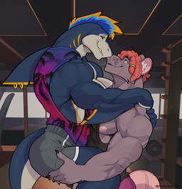 anthro anthro_on_anthro barazoku biceps big_muscles bottomwear carrying_another claws clothed clothing deltoids dreadlocks duo eye_contact eyebrows fin fin_piercing fin_ring fur furgonomic_piercing furgonomics gills gym hair hug huge_muscles inside looking_at_another male male/male manly mohawk muscular muscular_anthro muscular_male muscular_on_muscular narrowed_eyes nipples pecs piercing romantic romantic_couple serratus shirt shorts smile tank_top text topwear triceps tuft daymoon_100 aquatic fish mammal murid murine rat rodent shark 2023 absurd_res hi_res url