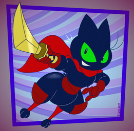 abstract_background anthro black_body black_fur butt cape clothing digitigrade fur gesture glistening glistening_butt gloves green_eyes hand_gesture handwear male melee_weapon pointing pointing_at_viewer sash shin_guards shortstack shortstack_male solo sword thick_thighs weapon gavanzude cartoon_network mao_mao:_heroes_of_pure_heart sheriff_mao_mao_mao domestic_cat felid feline felis mammal alternate_version_at_paywall digital_drawing_(artwork) digital_media_(artwork) hi_res signature