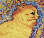 abstract_background ambiguous_gender ears_back feral fluffy fur looking_at_viewer neck_tuft nude pivoted_ears profile psychedelic smile solo text tuft whiskers yellow_body yellow_eyes yellow_fur louis_wain license_info public_domain domestic_cat felid feline felis mammal ancient_art color_contrast colored_pencil_(artwork) colorful_theme mixed_media painting_(artwork) signature traditional_media_(artwork)