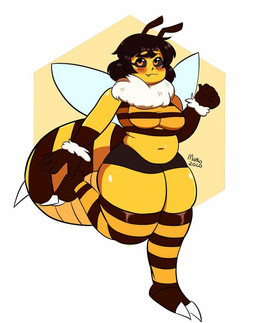 antennae_(anatomy) belly blush bottomwear breasts brown_hair clothing female footwear fur hair legwear neck_tuft raised_leg skirt slightly_chubby slightly_chubby_female smile socks solo standing stinger thick_thighs thigh_highs thigh_socks tuft white_body white_fur wings year yellow_body mistko marigold_(mistko) animal_humanoid arthropod arthropod_humanoid bee bee_humanoid humanoid hymenopteran hymenopteran_humanoid insect insect_humanoid 2020 dated signature