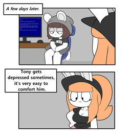 anthro beanie black_clothing black_hat black_headwear black_shirt black_topwear blue_bottomwear blue_clothing blue_screen_of_death blue_shorts bottomwear breasts brown_hair chair cleavage clothed clothing computer duo electronics eyelashes female furniture grey_beanie grey_clothing grey_hat grey_headwear hair hand_on_hip hat headgear headwear male office_chair orange_hair pink_bottomwear pink_clothing pink_shorts ponytail shirt shorts sitting tail text topwear tonytoran tina_(tonytoran) tony_(tonytoran) chinchilla chinchillid lagomorph leporid mammal rabbit rodent absurd_res comic english_text hi_res
