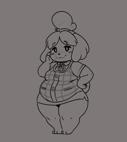 accessory anthro belly blush bottomwear breasts clothing female floppy_ears grey_background hair hair_accessory hair_bun hand_on_cheek hand_on_hip lop_ears necktie paws simple_background skirt slightly_chubby slightly_chubby_female smile smiling_at_viewer solo standing tail thick_thighs topwear vest wide_hips t4g0 animal_crossing nintendo isabelle_(animal_crossing) canid canine canis domestic_dog mammal absurd_res hi_res