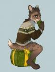 anthro barefoot biped blue_eyes bottomless brown_body brown_fur clothed clothing container cup feet fingers fur gift male sitting solo gonewiththefart cougar felid feline mammal digital_media_(artwork)