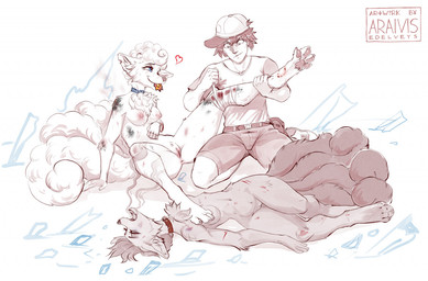 after_battle after_fight anthro anus bandage baseball_cap bite_mark blood bodily_fluids breasts bruised clothed clothing collar collar_only defeated female fight fur genitals group hair hat headgear headwear heart_symbol lying male nipples nude pain pawpads ryona scratches sideways_baseball_cap smile spread_legs spreading trio vulva wounded araivis-edelveys nintendo pokemon alolan_form alolan_vulpix canid canine fox generation_1_pokemon generation_7_pokemon human mammal pokemon_(species) regional_form_(pokemon) vulpix sketch