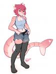 4_toes anthro breasts clothed clothing eyebrows eyelashes feet female footwear hair midriff navel navel_piercing non-mammal_breasts piercing pink_hair plantigrade simple_background smile socks solo standing toes white_background kaitycuddle shrimp_(uk_brony) fish marine shark 2020 digital_media_(artwork)