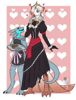 3_toes 4_toes anisodactyl anthro apron beak blue_body blue_scales claws clothed clothing crossdressing crown digitigrade dress duo ear_piercing eating eyelashes feathers feet female femboy food grey_body grey_scales grilled_cheese hair headgear heart_symbol jewelry male necklace piercing platter red_eyes sandwich_(food) scales scuted_legs scutes short_hair slim slim_anthro slim_female slim_male sparkles tail tail_feathers talons tapering_tail toes white_body white_feathers white_hair wolfyakuga hellaverse the_lesser_key_of_solomon drayk_dagger vilhelmina avian bird demon owl owl_demon scalie shurian hi_res andromorph_(lore)