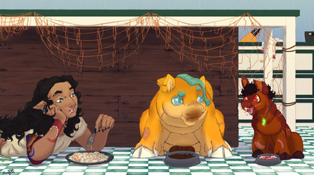 ambiguous_gender ambiguous_humanoid animal_genitalia arm_tattoo balls black_fingernails black_hair black_nails bowl brown_body brown_fur brown_hooves checkered checkered_floor chin_piercing clothed clothed_humanoid clothing colored_nails container countershade_fur countershading detailed_background dish ear_piercing eating eyebrow_piercing eyebrows facial_piercing feral fingernails food fur furniture genitals group hair holding_fork hooves inside kibble kitchen knife looking_at_another lying male male_feral multiple_piercings nails nose_piercing on_front open_mouth orange_body orange_fur pasta pet_bowl pet_food piercing pink_eyes quadruped sharp_teeth sheath shirt silver_piercing sitting smile spaghetti table tan_body tan_skin tattoo teal_eyebrows teal_eyes teal_hair teeth topwear trio white_clothing white_hooves white_shirt white_topwear young young_feral young_male swift_(fc) fluffy_pony fluffy_pony_(species) humanoid mammal 2025 digital_media_(artwork) english_description hi_res shaded