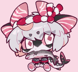 ambiguous_gender anthro chibi daww feral grey_hair hair kemono pink_background simple_background white_eyes x_eyes zhang_gun aquatic felid feline fish mammal 2023 digital_media_(artwork) hi_res