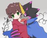 anthro blush brown_hair clothing duo green_eyes hair hoodie licking male male/male neck_lick simple_background tongue tongue_out topwear white_background juglans_b612 bandai_namco digimon digimon_ghost_game hiro_amanokawa digimon_(species) gulusgammamon human mammal scalie hi_res