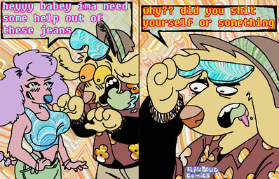 2_panel_comic aloha_shirt anthro blush blush_lines bodily_fluids bottomwear clothing crop_top denim denim_bottomwear denim_clothing dialogue drooling duo eyewear eyewear_on_head female floppy_ears fur hair half-closed_eyes hat headgear headwear jeans male narrowed_eyes open_mouth open_smile pants pattern_clothing pattern_shirt pattern_topwear pink_body pink_fur purple_hair saliva shirt smile speech_bubble sunglasses sunglasses_on_head text thong_straps tongue tongue_out topwear wide_eyed yellow_body yellow_fur rawdawgcomics stahli_(rawdawgcomics) bird_dog canid canine canis domestic_dog golden_retriever hunting_dog mammal poodle retriever comic english_text hi_res