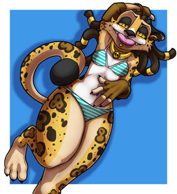 3_toes 4_fingers anthro bikini biped breasts brown_hair claws clothing collar dreadlocks ear_piercing facial_piercing fangs feet female fingers gloves hair handwear lip_piercing looking_at_viewer lying navel on_back piercing simple_background small_breasts solo swimwear teeth toes tongue tongue_out two-piece_swimsuit yellow_eyes greasedmonkey lucine_(greasedmonkey) felid jaguar mammal pantherine