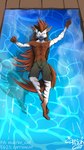 anthro bottomwear clothing falling hair multicolored_hair piercing solo stripes swimming_pool carrioncat brown_hyena hyena mammal 9:16 hi_res