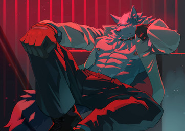 5_fingers abs anthro bottomwear clothing collar fingers gloves handwear male muscular muscular_anthro muscular_male nipples pants pecs solo tuft littleblackalas brand_new_animal studio_trigger shirou_ogami canid canine canis mammal wolf 2020 hi_res