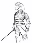 anthro armor belt estoc fluffy fluffy_hair hair male melee_weapon simple_background solo sword weapon white_background anonymous_artist divinity:_original_sin_2 divinity_(series) indigo_apricot canid canine canis domestic_dog mammal poodle monochrome