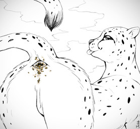 anus black_nose black_tail_tip cloud dipstick_tail dirty_anus feces feces_on_body feces_on_butt female feral fur genitals looking_at_viewer looking_back looking_back_at_viewer markings raised_tail rear_view simple_background solo spots spotted_body spotted_fur spotted_markings spotted_tail tail tail_markings teasing teasing_viewer text tongue tongue_out vulva white_background jubb cheetah felid feline mammal 2024 artist_name