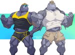 barazoku biceps clothed clothing duo eyewear eyewear_on_head male male/male muscular muscular_humanoid muscular_male sunglasses sunglasses_on_head vein veiny_arms veiny_muscles maldu nintendo pokemon flint_steel ryuji_kaiyo generation_1_pokemon humanoid machoke pokemon_(species) hi_res