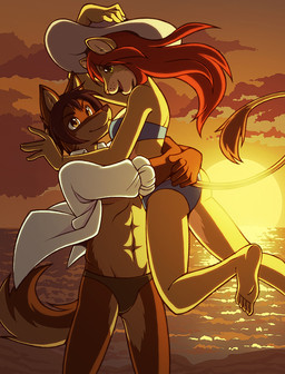 5_fingers 5_toes anthro anthro_on_anthro athletic athletic_anthro athletic_female athletic_male beach bikini blue_bikini blue_clothing blue_swimwear breasts brown_body brown_hair brown_nose brown_tail_tip butt carrying_another carrying_partner closed_smile clothed clothed_anthro clothed_female clothed_male clothing cloud detailed_background dipstick_tail duo eyebrow_through_hair eyebrows feet female female_anthro fingers green_eyes grey_clothing grey_speedo grey_swimwear hair hat headgear headwear horizon humanoid_feet humanoid_hands lifting_partner long_hair looking_at_another looking_at_partner male male/female male_anthro markings mouth_closed open_clothing open_mouth open_shirt open_smile open_topwear outside pink_nose plantigrade red_hair romantic romantic_ambiance romantic_couple sea seaside shirt skimpy sky smile smiling_at_another smiling_at_partner soles speedo summer sun sunset swimwear tail tail_markings toes topwear translucent translucent_hair two-piece_swimsuit water white_clothing white_hat white_headwear white_shirt white_topwear yellow_body yellow_eyes veroro canid canine felid fox lion mammal pantherine 2012
