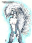 anthro biped black_body black_fur black_nose blue_eyes breasts clothed clothing countershading female fur hair long_hair looking_at_viewer navel nipples open_mouth panties simple_background skimpy solo standing tail tongue topless underwear white_background white_body white_fur white_hair kacey durr mammal mephitid skunk 2006