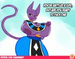 2015 anthro areola beerus big_breasts big_ears bracelet breasts clothing crossgender domestic_cat dragon_ball dragon_ball_super ear_piercing english_text fangs felid feline felis female gammanaut hairless hairless_cat huge_breasts jewelry mammal mtf_crossgender nipples open_mouth patreon patreon_logo piercing profanity purple_body purple_nipples purple_skin sharp_teeth smile solo sphynx_(cat) tail teeth text tongue url website_logo yellow_sclera