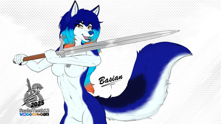 anthro big_tail blue_body blue_fur blue_hair blue_nose breasts featureless_breasts female fluffy fluffy_tail fur hair melee_weapon no_genitals scottish_claymore solo sword tail weapon white_body white_fur yellow_eyes snaketeeth12 basian canid canine canis domestic_dog husky mammal nordic_sled_dog spitz 16:9 widescreen
