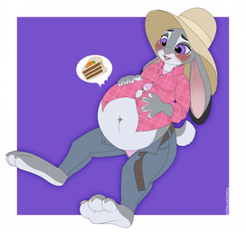 anthro belly belt big_belly bloated blush bottomwear breasts cake carrot carrot_cake clothed clothing collared_shirt denim denim_bottomwear denim_clothing dessert dress_shirt female female_anthro food fur grey_body grey_fur hand_on_belly hat headgear headwear jeans multicolored_body multicolored_fur open_mouth overweight overweight_anthro overweight_female panties pants plant purple_eyes shirt solo stuffing topwear two_tone_body two_tone_fur underwear vegetable fondoffrogs disney zootopia judy_hopps european_rabbit lagomorph leporid mammal oryctolagus rabbit 2025 digital_media_(artwork) hi_res