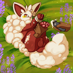 3_toes 5_fingers amber_eyes animal_genitalia anus ball_tuft balls blush bound butt dark_body dark_skin disembodied_hand electric_razor faceless_character faceless_human feet feral feral_focus fingers fluffy forced fully_sheathed genitals glistening glistening_body grass inner_ear_fluff legs_up lying male male_feral male_focus on_back outside pawpads paws pink_pawpads plant razor restrained shaved shaving shaving_cream sheath soles solo_focus toes tools tuft prince-vulpine palworld pocketpair cremis human mammal pal_(species) 1:1 colored digital_media_(artwork) hi_res shaded