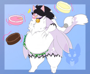 3_toes 4_fingers anthro bell bell_collar belly big_belly biped black_hair black_markings blue_background blue_border blue_collar border cake candy cat_tail chocolate chocolate_cake collar collar_only countershade_fur countershade_torso countershading dessert dipstick_tail eating extended_sound_effect feet female female_anthro fingers fluffy food food_in_mouth front_view fur gloves_(marking) green_emanata green_text groan hair hair_over_eyes jingle_bell jingle_bell_collar leg_markings long_tail magic magic_user markings nude obese obese_anthro obese_female overweight overweight_anthro overweight_female pink_inner_ear pink_nose pointy_ears prick_ears purple_body purple_ears purple_fur purple_tail red_magic rumbling_stomach simple_background snout socks_(marking) solo sound_effect_variant sound_effects standing star_(marking) tail tail_markings telekinesis text thigh_markings toes tuft weight_gain white_body white_countershading white_hair white_markings white_tuft yellow_emanata strawberrymilkdog spirit_(spirittabby) domestic_cat felid feline felis mammal tabby_cat 2023 full-length_portrait hi_res portrait watermark