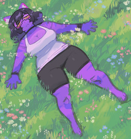 5_fingers anthro big_breasts black_bottomwear black_clothing black_eyebrows black_hair black_shorts black_wristband blue_flower bottomwear breasts choker cleavage clothed clothing day detailed_background eyebrows eyelashes eyeliner eyeshadow eyewear female female_anthro fingers floral_pattern flower frown glasses grass grass_field hair inner_ear_fluff jewelry lying lying_on_grass lying_on_ground makeup necklace on_back on_grass on_ground outside pink_eyeshadow plant purple_body purple_ears rectangular_glasses red_flower shirt short_hair shorts slightly_chubby slightly_chubby_anthro slightly_chubby_female solo tank_top thick_thighs tired topwear translucent translucent_hair tuft white_clothing white_flower white_shirt white_tank_top white_topwear wide_hips yellow_sclera dddddancerrrrrs molly_(dddddancerrrrrs) domestic_cat felid feline felis mammal 2026 digital_drawing_(artwork) digital_media_(artwork)