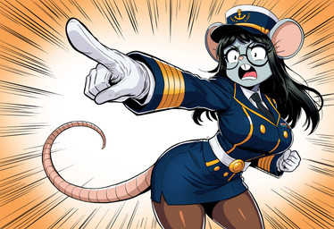 action_line action_pose action_scene anthro big_breasts big_glasses bodily_fluids bottomwear breasts buckteeth clothed clothed_anthro clothed_female clothing eyelashes eyewear female footwear fully_clothed fully_clothed_anthro fully_clothed_female fur gesture glasses gloves grey_body grey_fur hand_gesture handwear hat headgear headwear leggings legwear military_cap military_uniform motion_lines mouse_tail navy_uniform necktie pantyhose pointing pointing_at_viewer pose round_glasses salute serious serious_face skirt solo suit sweat sweatdrop teeth uniform white_clothing white_gloves white_handwear harry_amorós gwynever_eisenherz mammal mouse murid murine rodent absurd_res hi_res