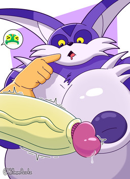 anthro belly big_ears big_nipples big_penis bodily_fluids cheek_tuft clothing drooling duo facial_tuft fur genital_fluids genitals glans glistening glistening_body glistening_nipples gloves handwear inverted_nipples male male/male moobs multicolored_body nipples overweight overweight_male penis pink_glans precum purple_body purple_fur purple_nipples saliva simple_background sweat tuft two_tone_body white_body white_fur yellow_sclera ch4mm0zotz sega sonic_the_hedgehog_(series) big_the_cat froggy_(sonic) amphibian domestic_cat felid feline felis frog mammal absurd_res hi_res
