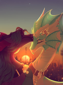 ambiguous_gender collar detailed_background duo eyebrows eyelashes eyes_closed feral frill_(anatomy) frill_spines head_crest head_frill horn membrane_(anatomy) membranous_frill membranous_wings outside sky spines star starry_sky sun wings vaz0r european_mythology mythology dragon mythological_creature mythological_scalie scalie western_dragon 2020 digital_media_(artwork) hi_res