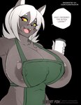 anthro apron apron_only areola big_breasts biped black_background breasts clothing container cup dialogue female green_apron green_clothing grey_areola grey_body grey_nipples hair holding_container holding_cup holding_object huge_breasts mostly_nude nipples open_mouth pupils red_sclera simple_background slit_pupils solo speech_bubble text white_hair yellow_eyes sagestrike2 selena_omega canid canine canis mammal wolf 2021 artist_name english_text