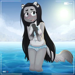 adolescent anthro back-tie_bikini back-tie_clothing back-tie_swimwear bikini bikini_top_removed blush bow_bikini breasts camera_view clothed clothing embarrassed female hair legs_in_water long_hair nipples outside partially_submerged recording sea solo standing standing_in_water submerged_legs swimwear topless two-piece_swimsuit untied_bikini wardrobe_malfunction water young young_anthro gothbunnyboy ketzio pepper_(kittyprint) felid leopard mammal pantherine 1:1 absurd_res hi_res