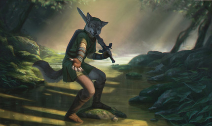 5_fingers anthro armor boots bottomwear chainmail claws clothed clothing day detailed_background fingerless_gloves fingers footwear forest fully_clothed fur gloves grey_body grey_fur handwear hat headgear headwear holding_melee_weapon holding_object holding_sword holding_weapon light looking_aside looking_at_viewer male master_sword melee_weapon outside pants plant river rock shield shirt shoes side_view solo sunlight sword topwear tree tunic vambrace water weapon weapon_on_shoulder white_body white_fur terry_grimm nintendo the_legend_of_zelda link canid canine canis mammal wolf detailed digital_media_(artwork)
