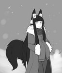 clothed clothing earmuffs female fluffy fluffy_tail fur furgonomic_headwear furgonomics hair hime_cut long_hair looking_at_viewer monster_girl_(genre) scarf sidelocks snow snowing solo tail winter winter_coat less_(artist) monster_girl_encyclopedia anubis_(mge) animal_humanoid canid canid_humanoid canine canine_humanoid humanoid jackal_humanoid mammal mammal_humanoid 2015 digital_media_(artwork) monochrome