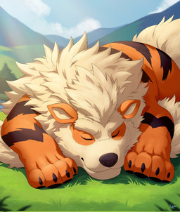 ambiguous_gender black_claws black_nose claws cloud detailed_background feral grass lying mountain on_front plant sleeping solo pupcoffeebear nintendo pokemon arcanine generation_1_pokemon pokemon_(species) hi_res