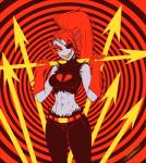 abstract_background alternate_universe blue_body blue_skin breasts clothed clothing eye_patch eyewear female gloves grin hair handwear long_hair looking_at_viewer melee_weapon muscular muscular_female non-mammal_breasts polearm ponytail red_hair smile solo spear standing weapon yellow_eyes sem-l-grim underfell undertale undertale_(series) undyne animal_humanoid fish fish_humanoid humanoid marine marine_humanoid 2017