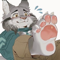 4_toes anthro biped blush bodily_fluids bottomwear brown_bottomwear brown_clothing claws clothed clothing feet foot_focus fur glistening glistening_feet glistening_pawpads green_clothing green_topwear grey_body grey_fur male pants pawpads paws pink_pawpads soles solo sweat sweatdrop toe_claws toes topwear yellow_eyes kitai_su disney zootopia pawbert_lynxley canada_lynx felid feline lynx mammal 1:1 2025 absurd_res digital_media_(artwork) hi_res