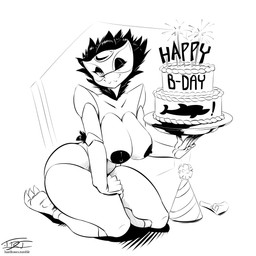 anthro areola bedroom_eyes big_breasts birthday_cake breasts cake claws clothing dessert female food fur hand_on_hip hat headgear headwear holding_food holding_object markings narrowed_eyes nipples non-mammal_breasts non-mammal_nipples nude one_eye_closed party_hat seductive sitting smile solo sparks thick_thighs toe_claws wide_hips wink hardtones mythology calamity_(averyshadydolphin) dragon mythological_creature mythological_scalie scalie 1:1 2016 digital_drawing_(artwork) digital_media_(artwork) hi_res monochrome signature unavailable_at_source