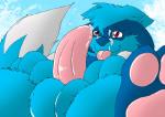 anthro balls biped bodily_fluids cum erection fur genital_fluids genitals lying male nude on_back penis smile solo spread_legs spreading tongue tongue_out umpherio nintendo pokemon umpherio_(umpherio) canid canine generation_4_pokemon mammal pokemon_(species) riolu