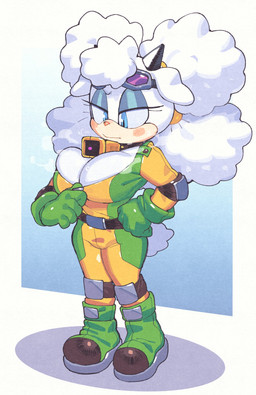 5_fingers anthro big_breasts blue_eyes blush blush_stickers bodily_fluids boots breasts cleavage cleavage_overflow clothed clothing clothing_pull cowbell cowbell_collar elbow_pads eyelashes eyewear eyewear_on_head female female_anthro fingers floppy_ears fluffy fluffy_tail footwear gloves goggles goggles_on_head gradient_background green_boots green_clothing green_footwear green_gloves green_handwear green_jumpsuit hair half-closed_eyes hand_on_hip handwear horn huge_breasts jumpsuit leg_accessory leg_guards looking_down mouth_closed narrowed_eyes pink_nose shoes simple_background solo steam sweat sweatdrop tail tan_face thick_thighs three-quarter_view unzipped white_hair wide_hips yellow_jumpsuit zipper zipper_jumpsuit inkerton-kun idw_publishing sega sonic_riders sonic_the_hedgehog_(comics) sonic_the_hedgehog_(idw) sonic_the_hedgehog_(series) lanolin_the_sheep_(sonic) bovid caprine mammal sheep 2026 hi_res portrait