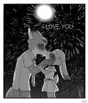 2017 anthro canid canine comic dialogue disney english_text female fireworks fox fur group hi_res judy_hopps kissing lagomorph leporid male male/female mammal monochrome moon nacchan96 nick_wilde night rabbit red_fox text true_fox zootopia