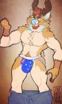 anthro antlers australian_flag beard big_bulge bottomwear bottomwear_down bulge clothed clothing facial_hair fur hair horn jockstrap looking_at_viewer male muscular muscular_anthro muscular_male no_pupils pants pants_down partially_clothed solo standing topless underwear dominate_(artist) deer mammal 2017 3:5 sketch