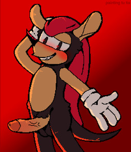 4_fingers anthro balls black_body blush clothing erection fingers footwear fur genitals gloves half-closed_eyes handwear male narrowed_eyes penis presenting presenting_penis sharp_teeth shoes simple_background smile solo tan_body teeth vein veiny_penis painting_tu_tia sega sonic_the_hedgehog_(series) mighty_the_armadillo armadillo mammal nine-banded_armadillo xenarthran aliasing binary_drawing digital_drawing_(artwork) digital_media_(artwork) pixel_(artwork)