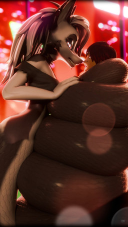 anthro apode blurred_background bottomless bottomless_female brown_hair clothed clothed_anthro clothed_female clothing coiling collar crop_top detailed_background dominant dominant_anthro dominant_female duo eye_contact female female_anthro female_on_human fur grey_body grey_clothing grey_crop_top grey_fur grey_scales grey_shirt grey_topwear grin hair hypnosis hypnotic_eyes legless lens_flare long_hair looking_at_another male male/female male_human male_on_anthro mind_control nose_to_nose restrained ringed_eyes scales serpentine shirt side_view smile spiked_collar spikes split_form submissive submissive_human submissive_male topwear white_body white_fur white_hair white_scales mercfox438 kaylafox_(modeler) hellaverse helluva_boss mythology loona_(helluva_boss) canid canid_demon canine demon draconcopode hellhound human lamia mammal mythological_canine mythological_creature reptile scalie snake 2026 3d_(artwork) 9:16 digital_media_(artwork) hi_res remake